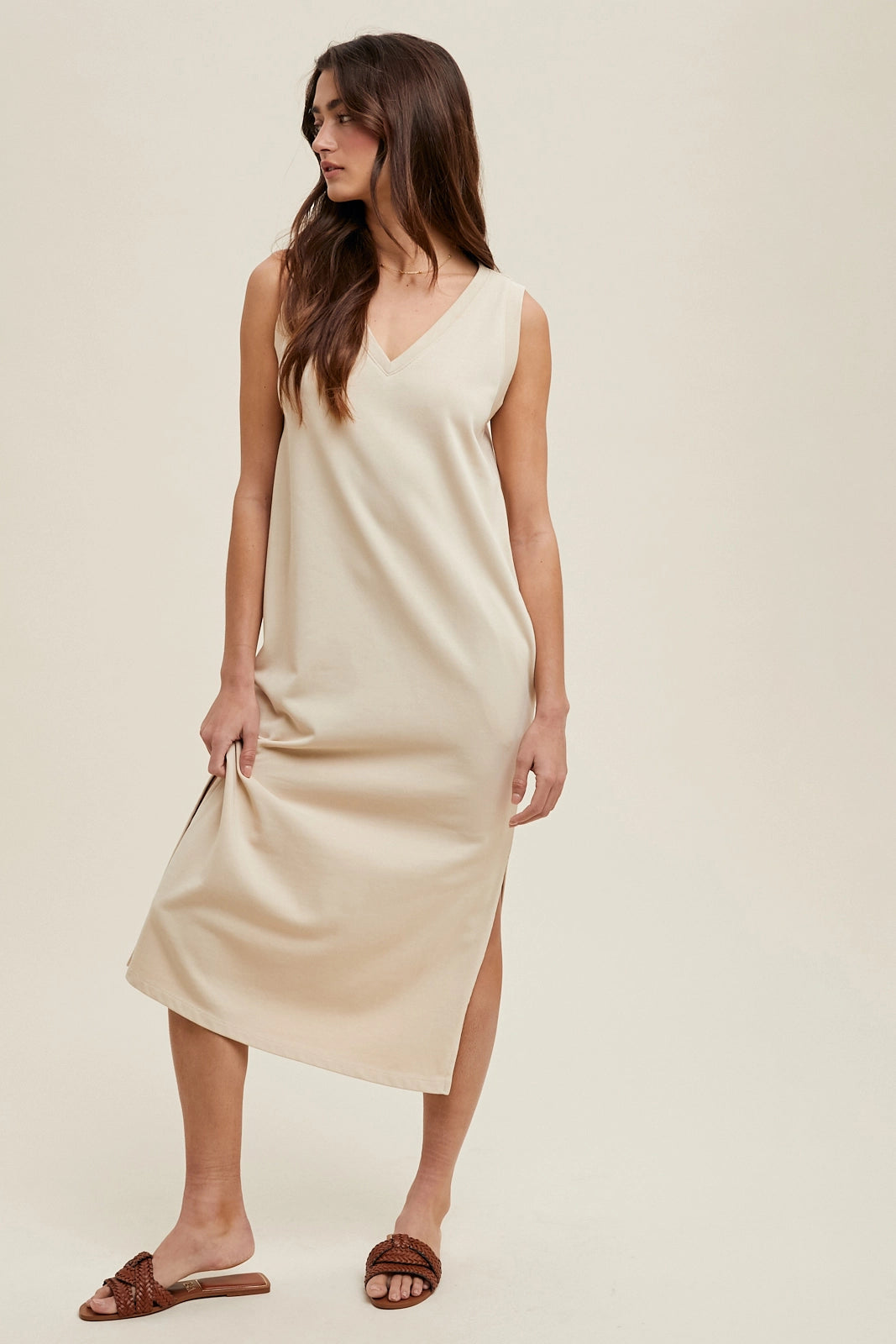 Essential V-Neck Midi Tank Dress Beige
