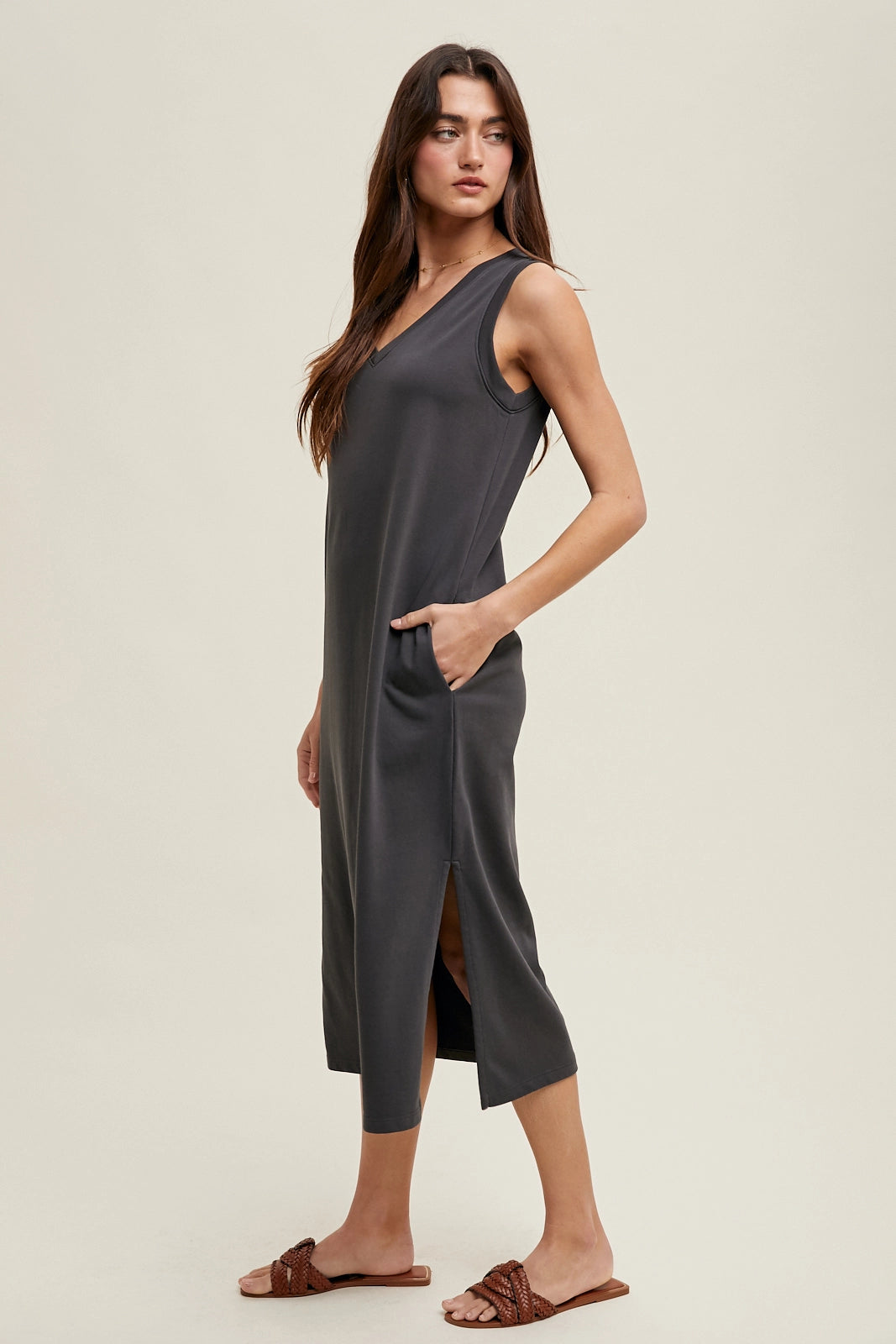 Essential V-Neck Midi Tank Dress Charcoal