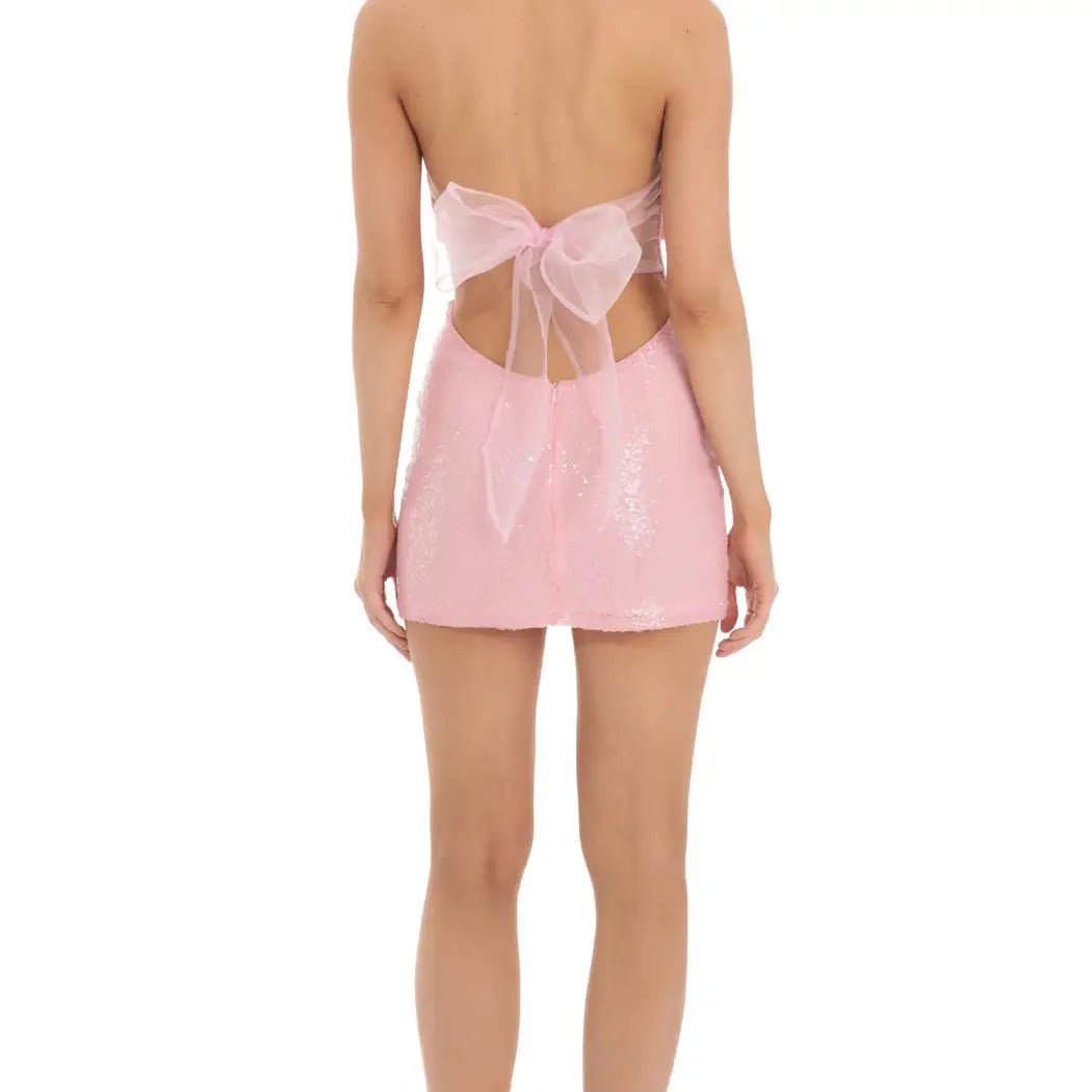 Sequin Strapless Corset Dress in Pink With Bow Back