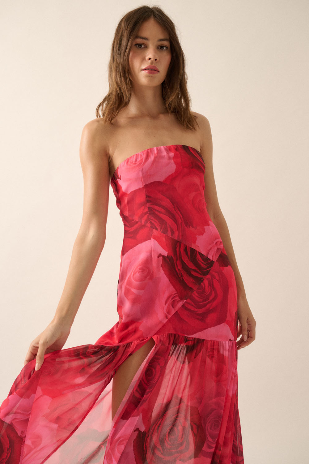 Rose Bloom Sheer Bottom Maxi Dress