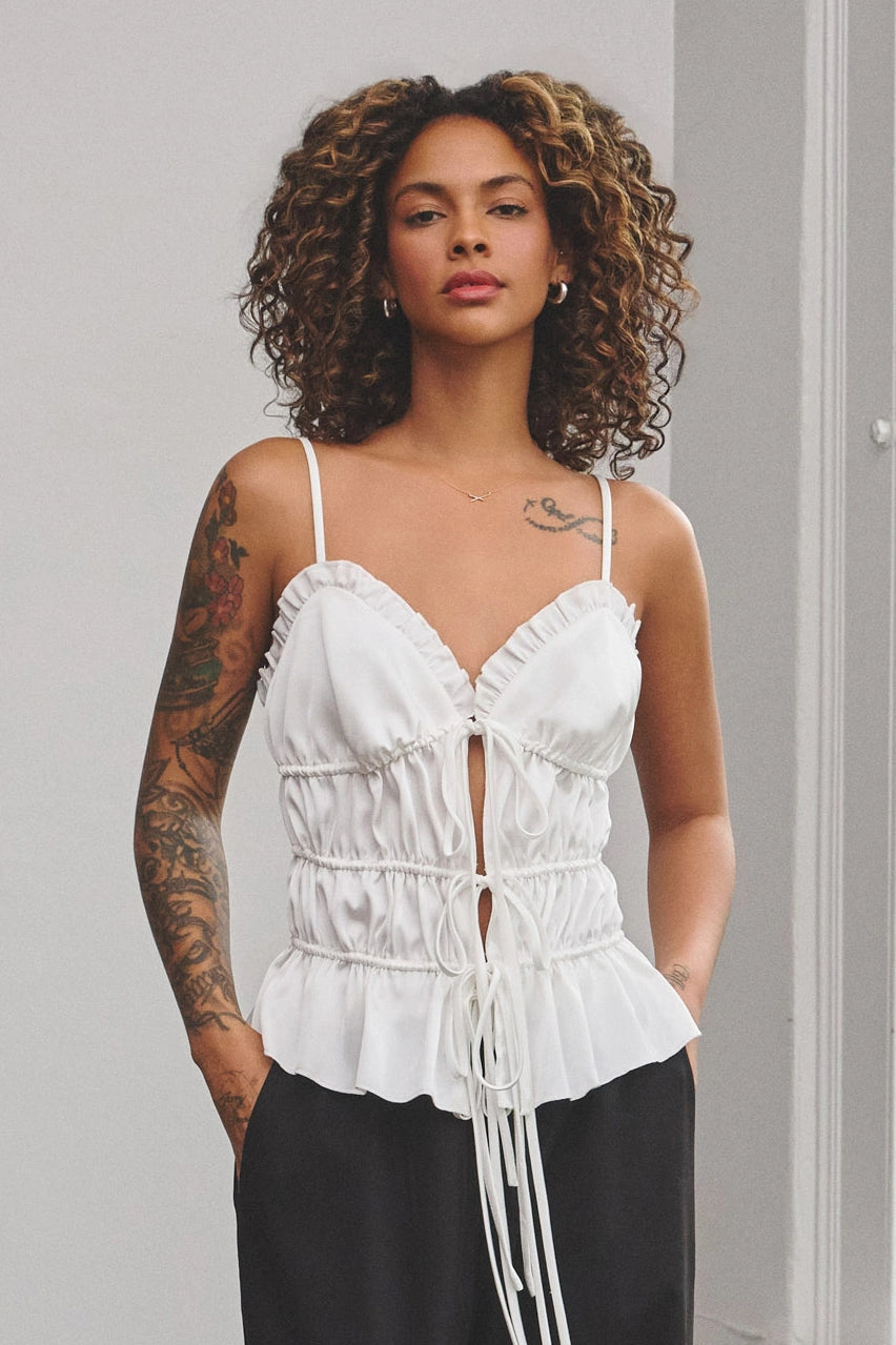 Satin Ruffle Ruched Cami with Front Tie Details