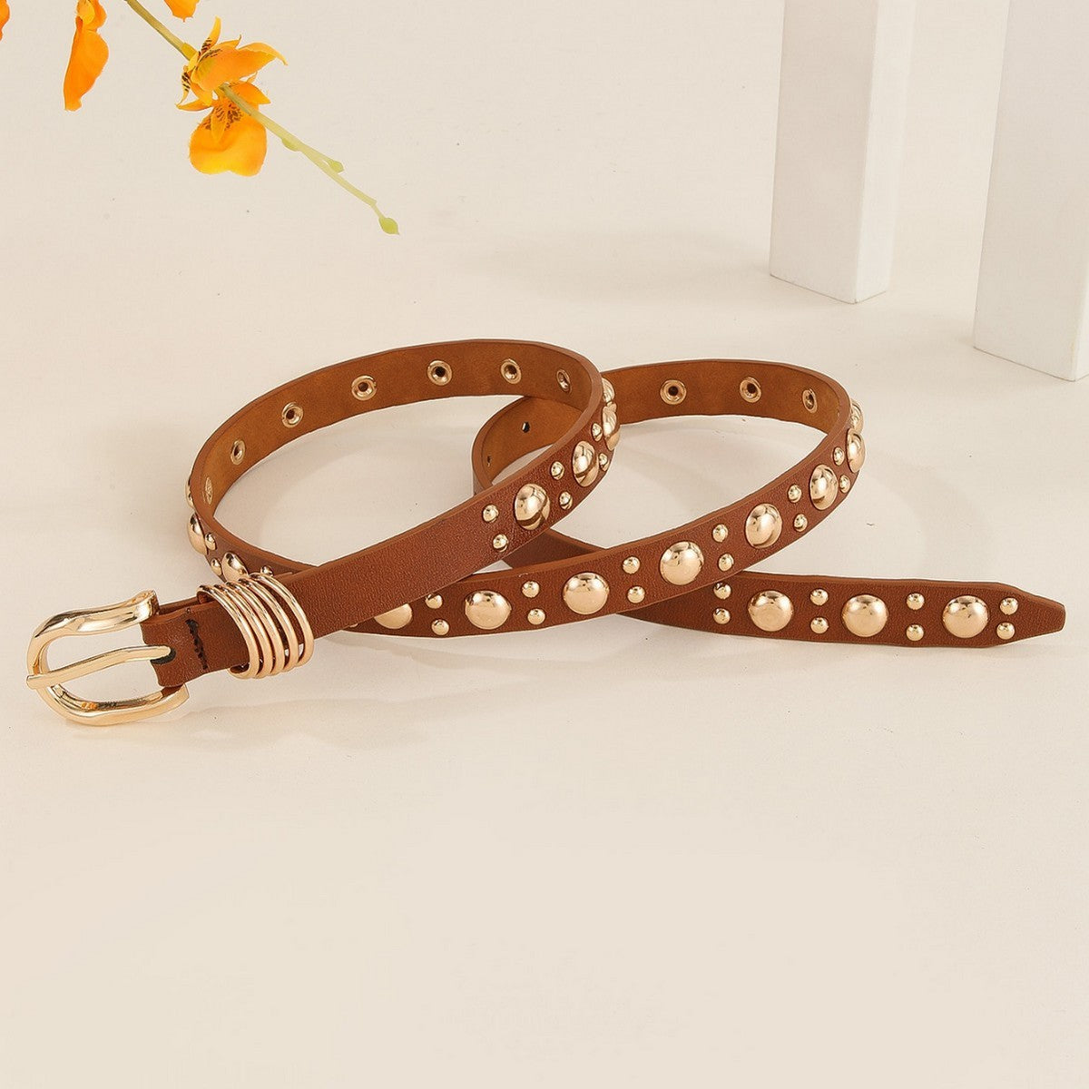 Golden Arrow Studded Western Belt - Brown