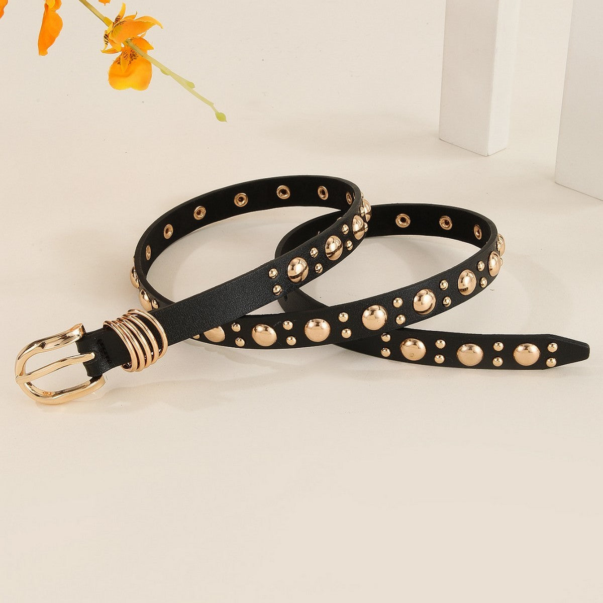 Golden Arrow Studded Western Belt - Black