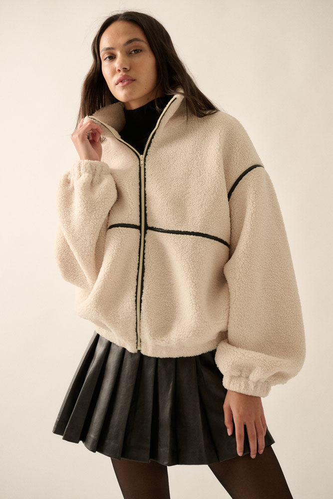 Faux Leather Trim Sherpa Jacket