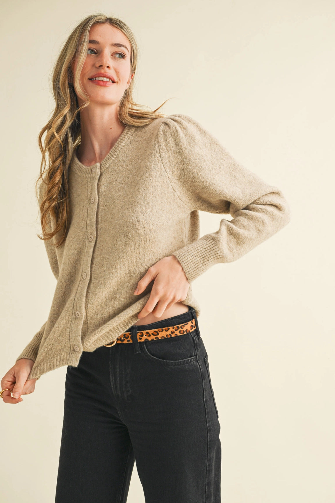 Everly Puff Sleeve Cardigan-Taupe