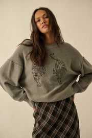 Ember Embroidered Tiger Exposed-Seam Sweater - Grey