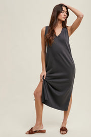 Essential V-Neck Midi Tank Dress Charcoal