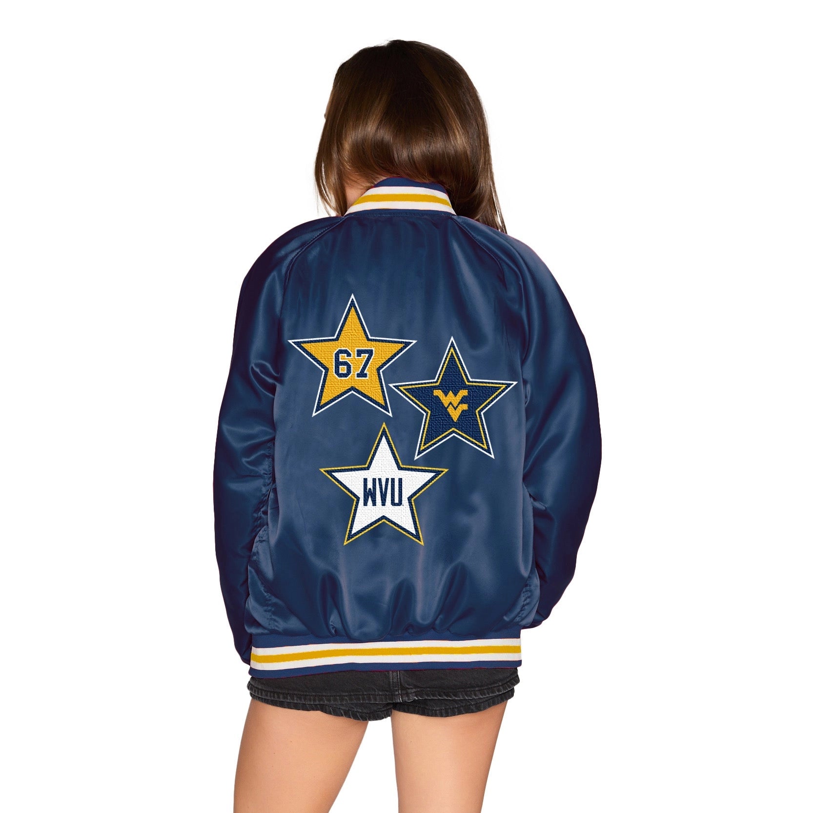 WVU ‘67 Satin Letterman Bomber Jacket – Navy