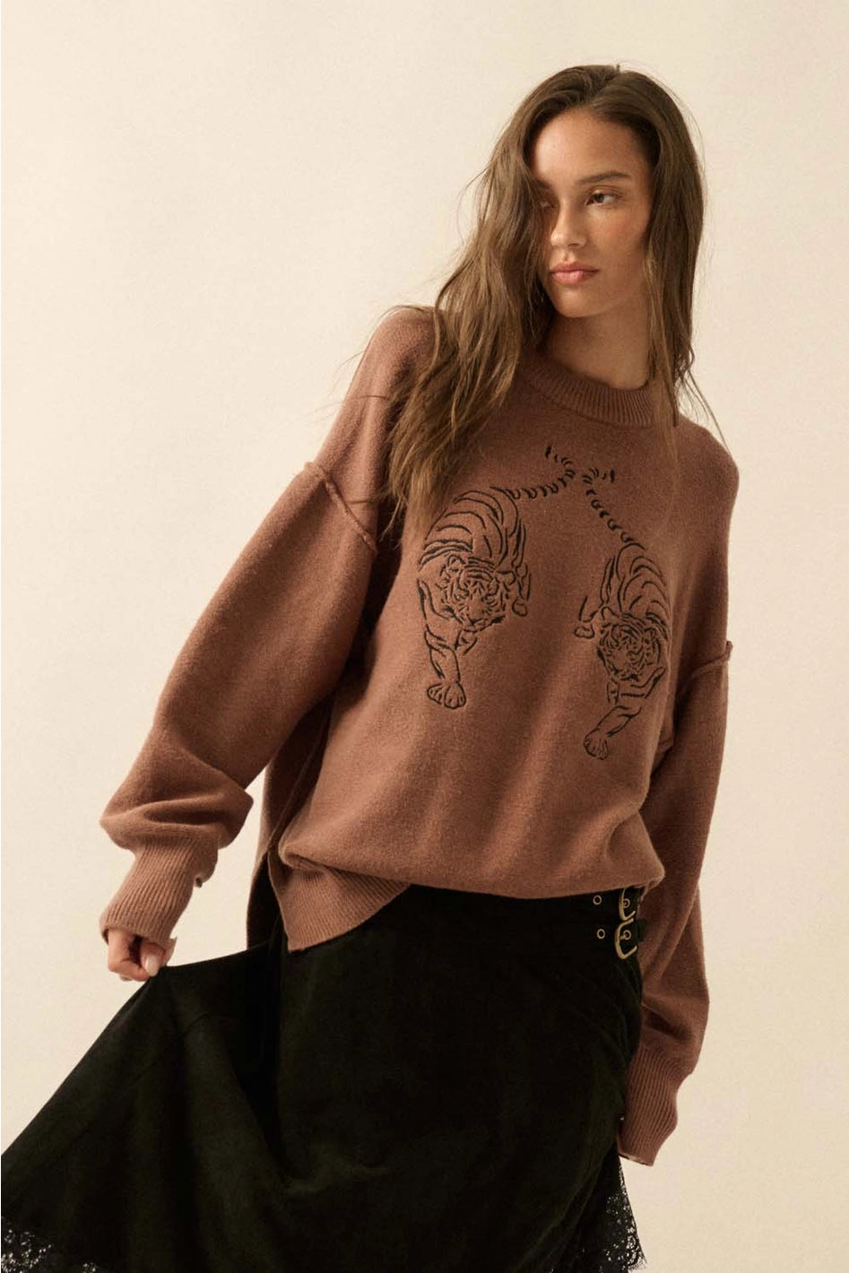 Ember Embroidered Tiger Exposed-Seam Sweater