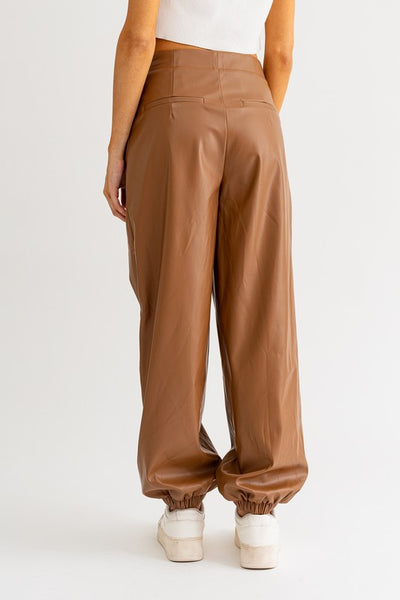 BROWN FAUX LEATHER JOGGER