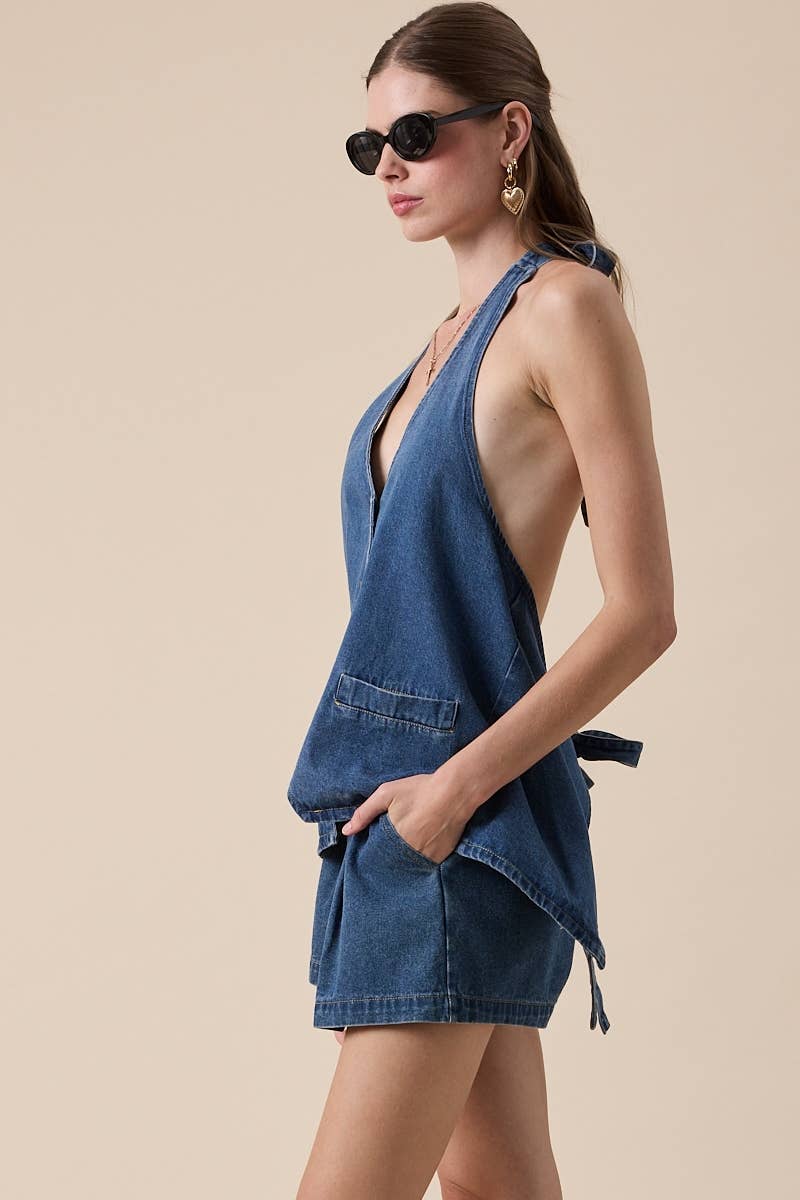 Open Back Denim Halter Top