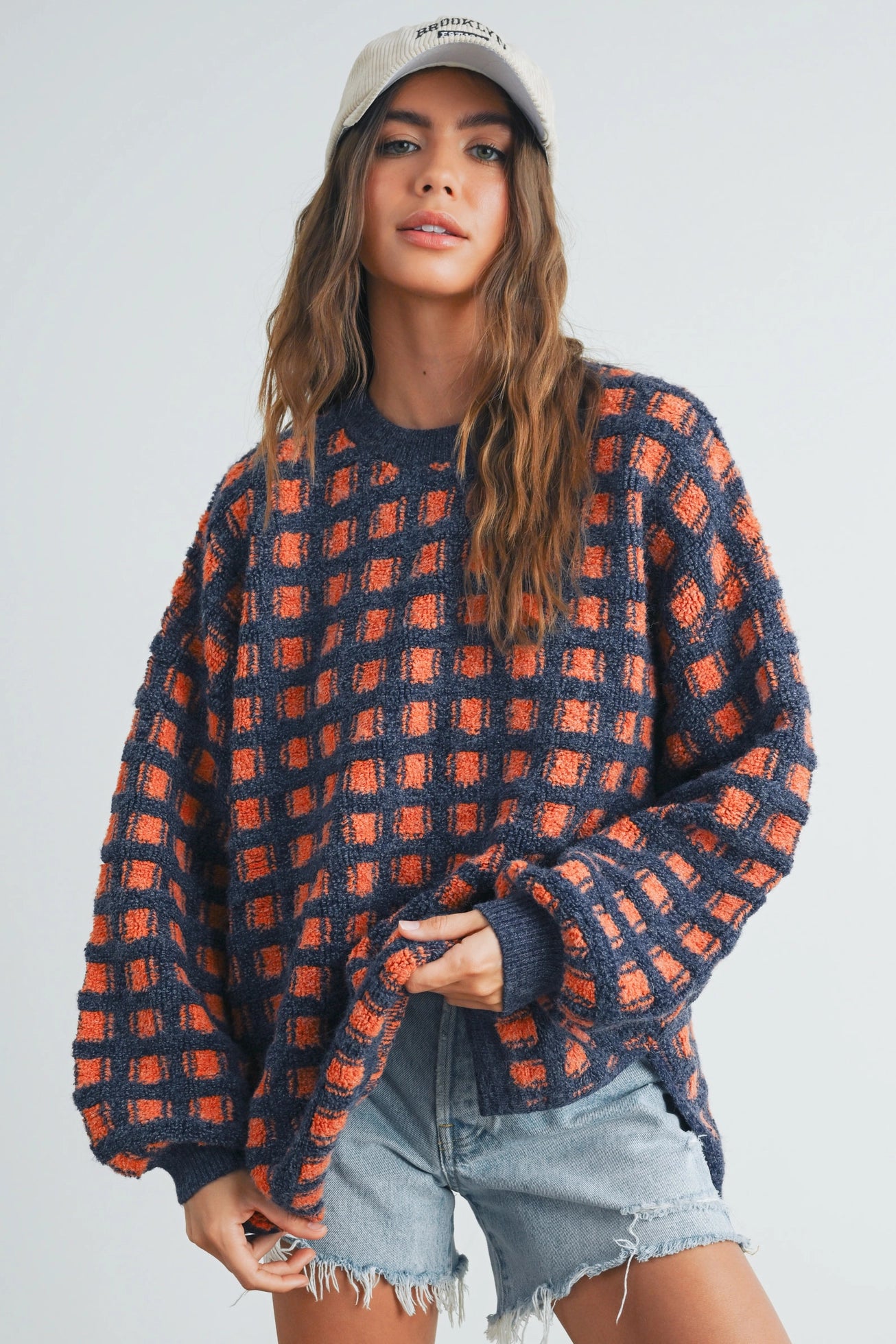 The Cozy Check Oversized Sweater - Navy/Rust