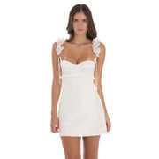 Satin Ruffle Strap Dress in White