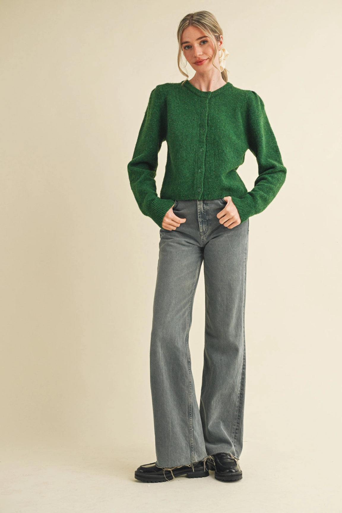 Everly Puff Sleeve Cardigan - Evergreen
