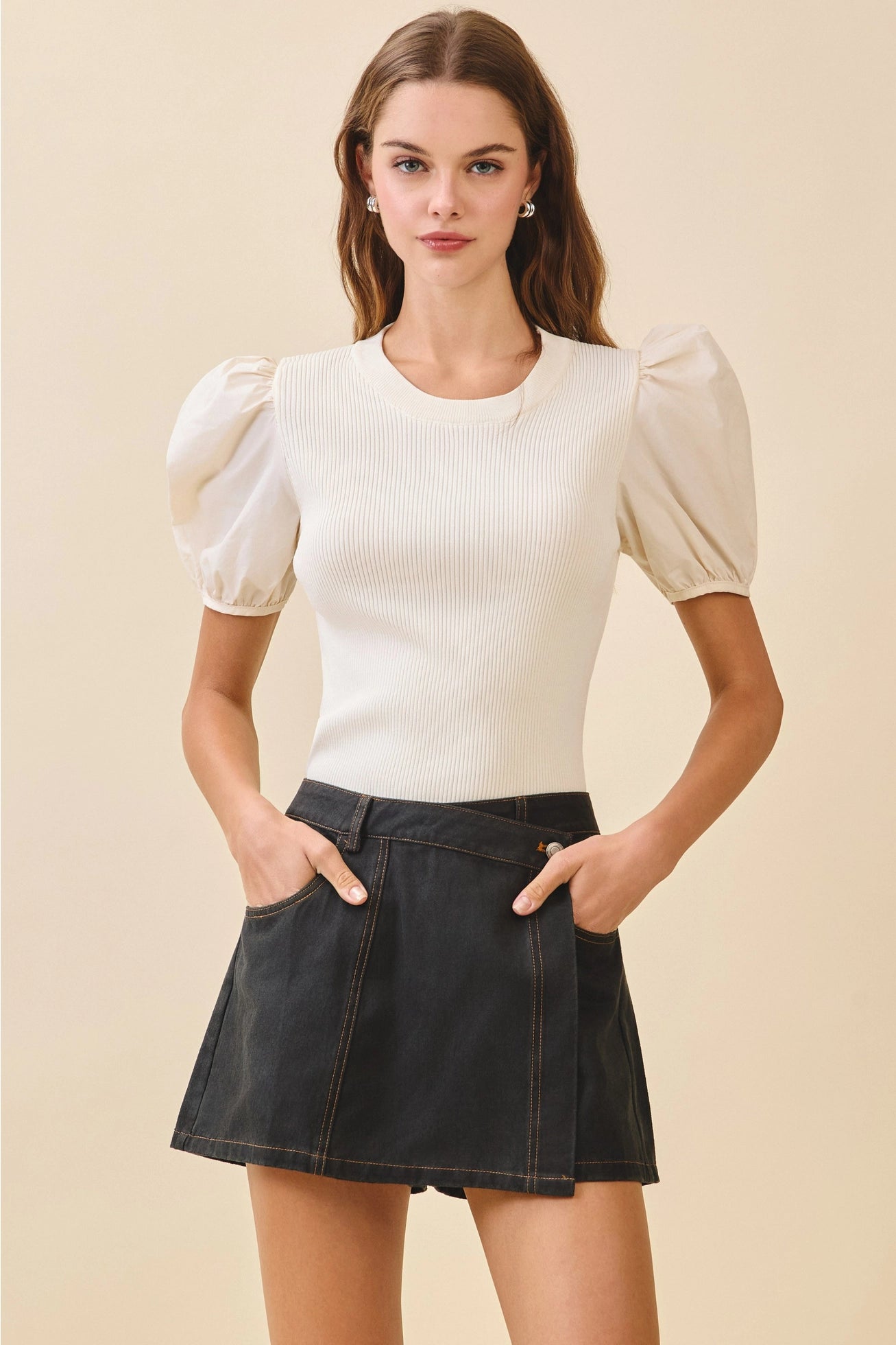 Chic Puff Cream Ribbed Sweater Top