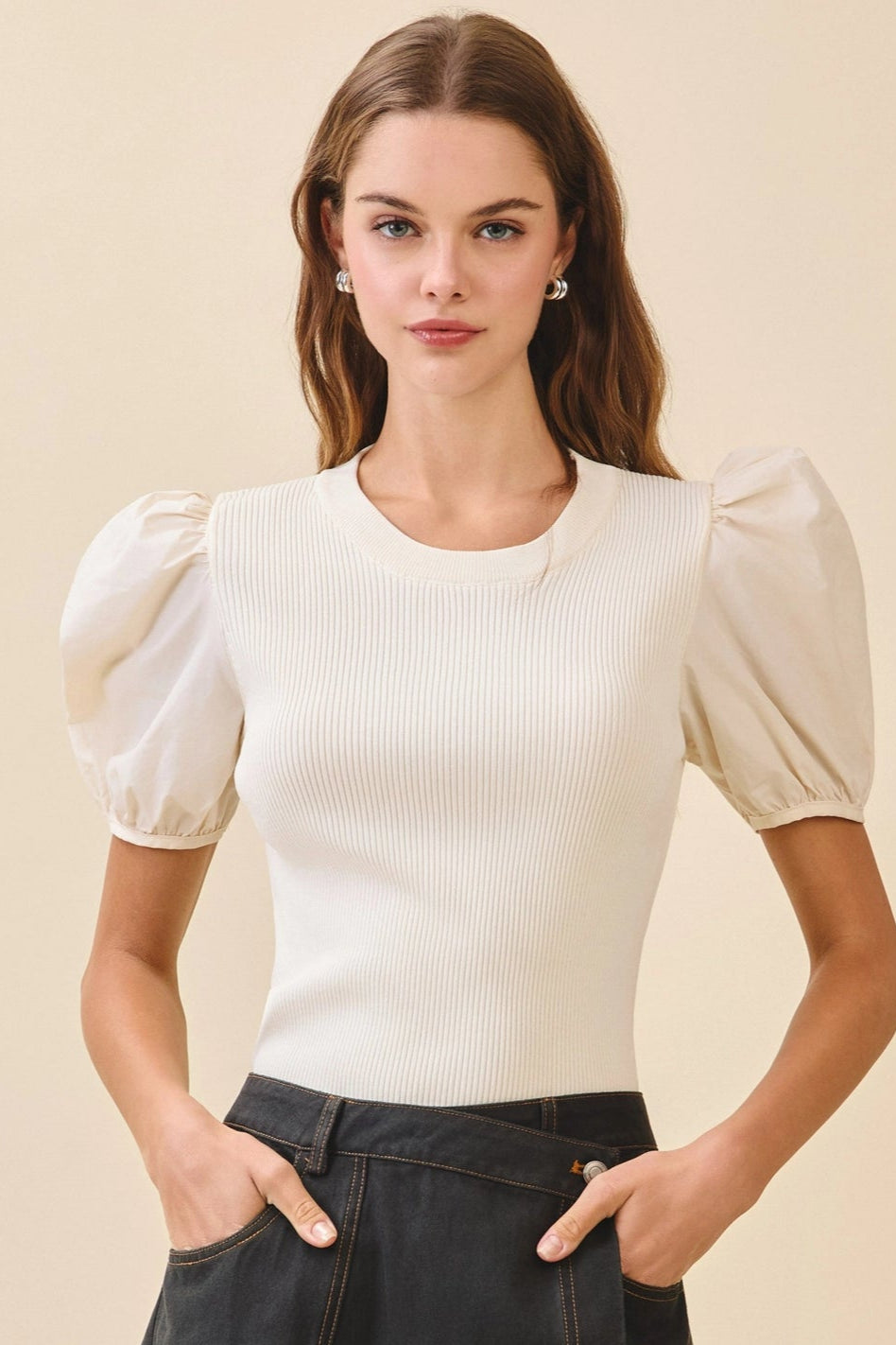 Chic Puff Cream Ribbed Sweater Top