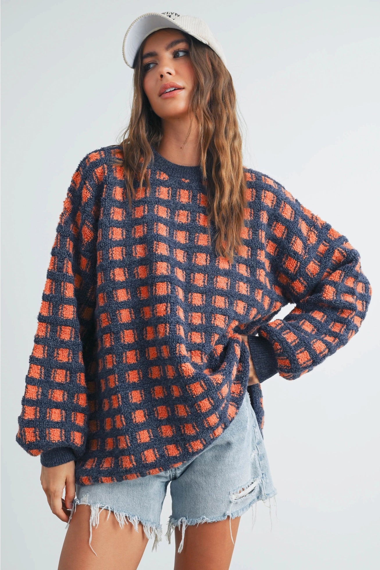 The Cozy Check Oversized Sweater - Navy/Rust