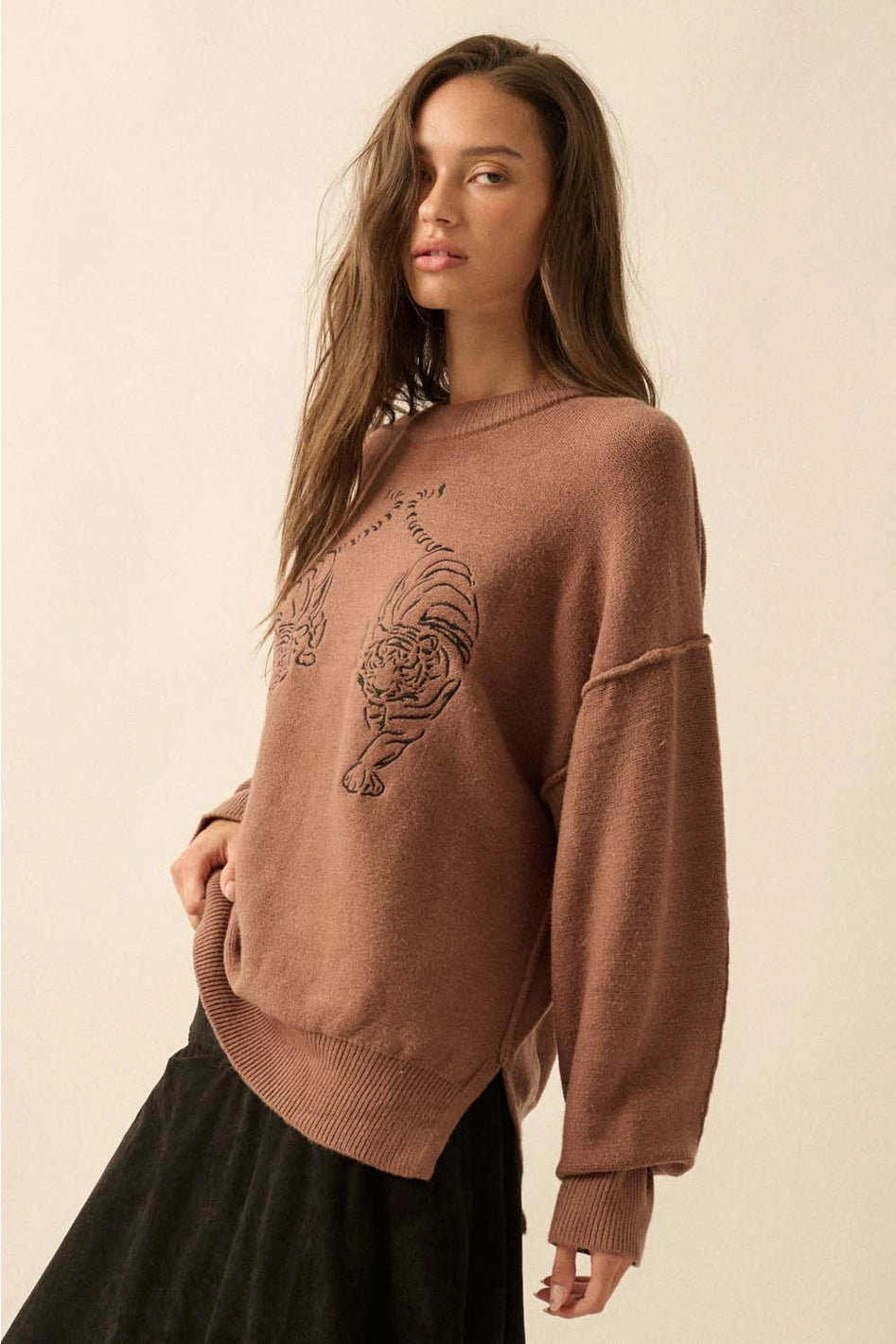 Ember Embroidered Tiger Exposed-Seam Sweater
