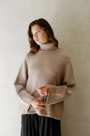 Cashmere Wool Ribbed Turtleneck Sweater - Beige