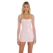 Sequin Long Sleeve Side Ruched Strapless Dress in Pink