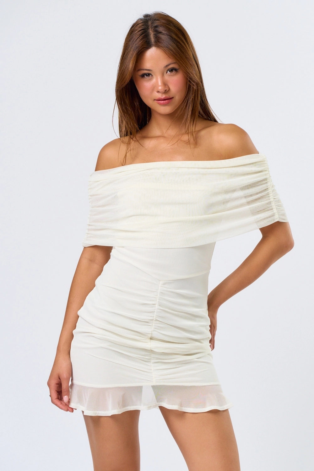 White Mesh Off Shoulder Mini Dress