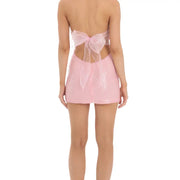 Sequin Strapless Corset Dress in Pink With Bow Back