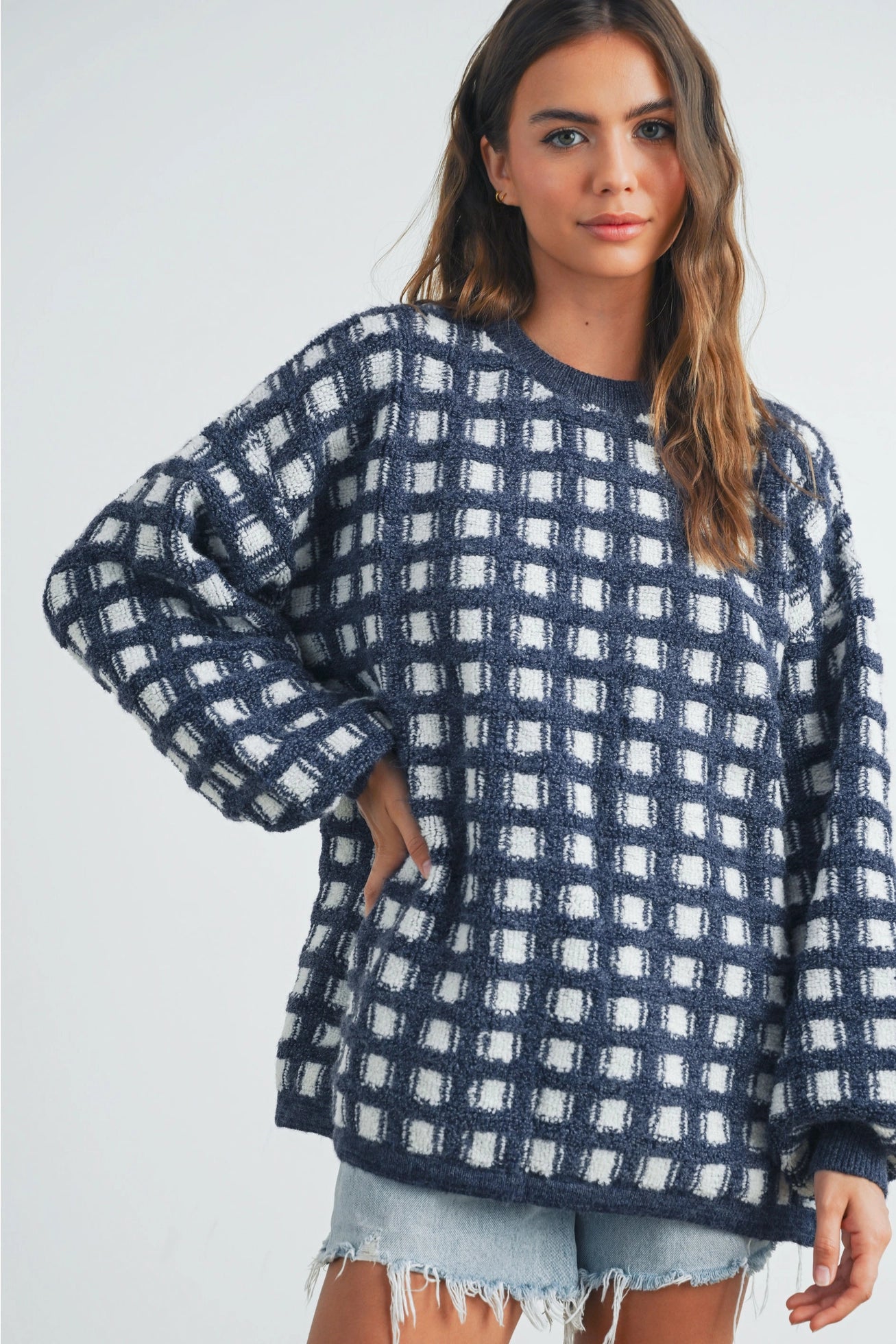 The Cozy Check Oversized Sweater - Navy/Ivory