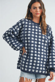 The Cozy Check Oversized Sweater - Navy/Ivory