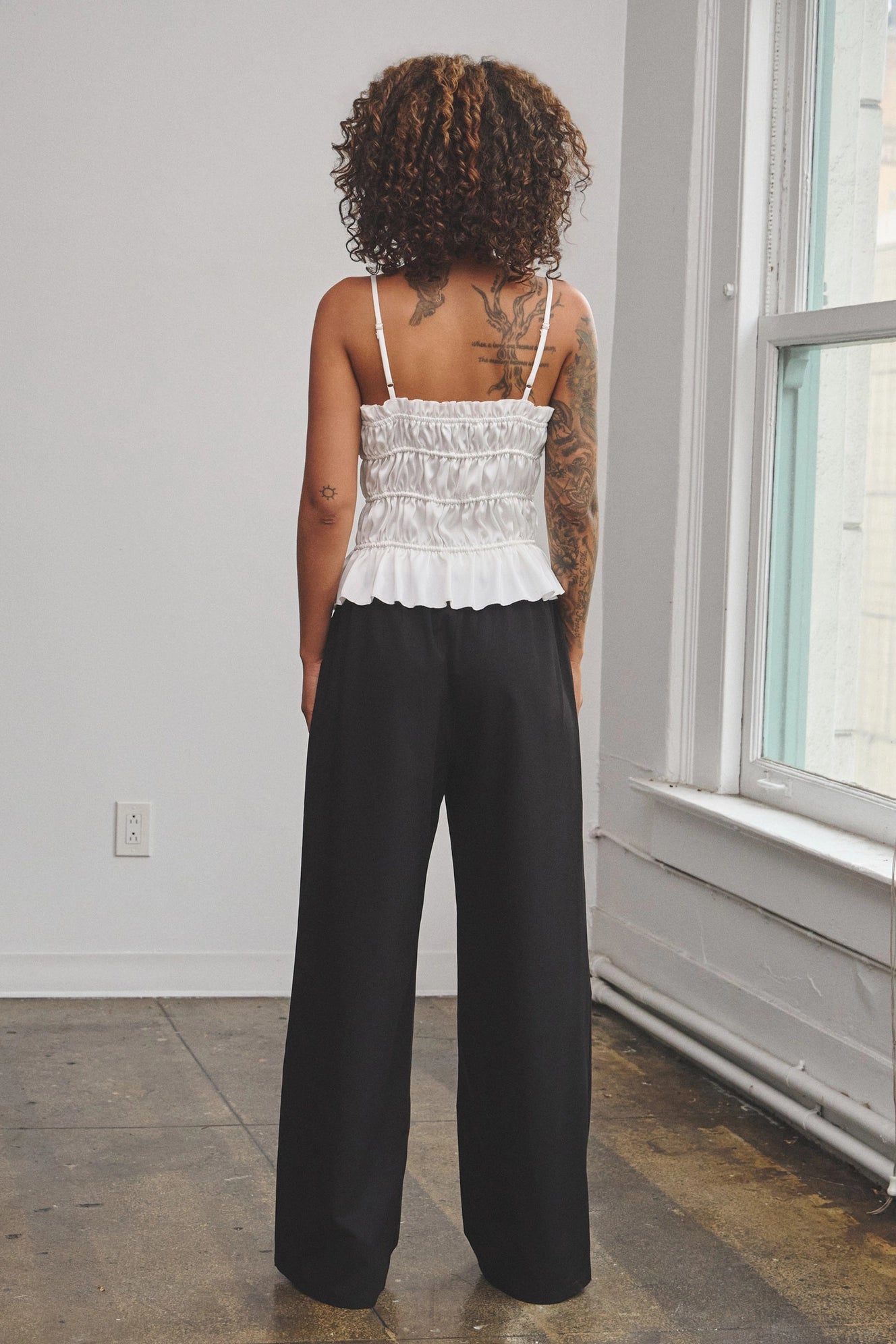 Satin Ruffle Ruched Cami with Front Tie Details