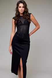 Raven Raw Hem Denim Midi Skirt