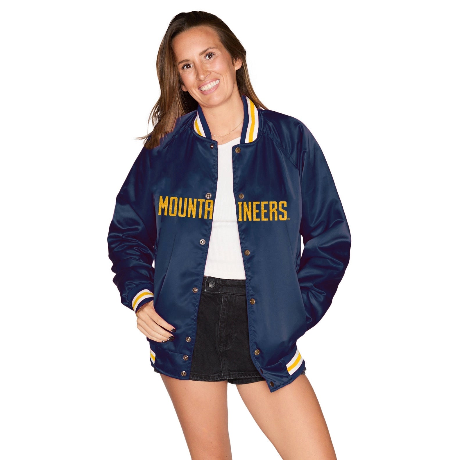 WVU ‘67 Satin Letterman Bomber Jacket – Navy
