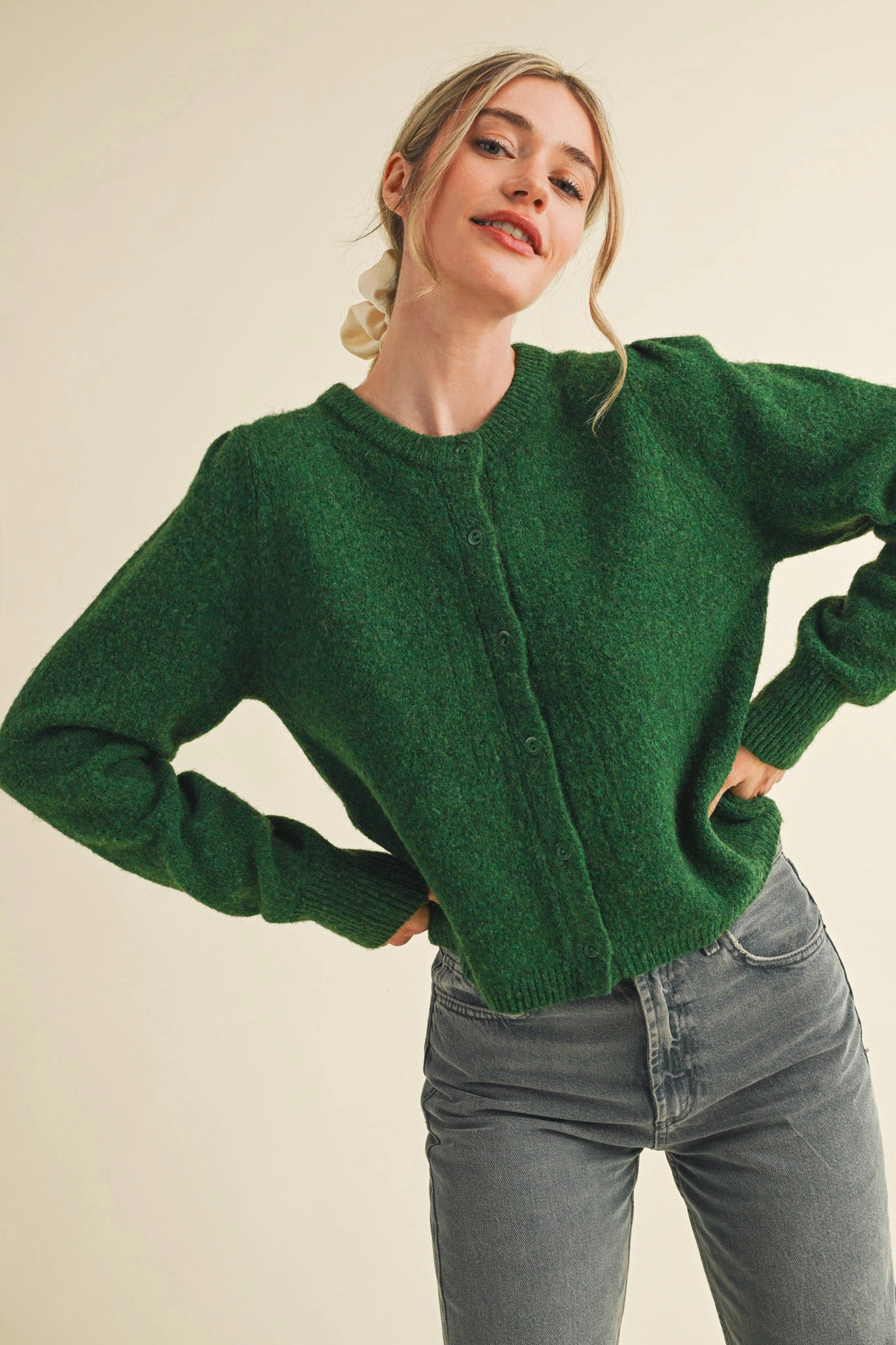 Everly Puff Sleeve Cardigan - Evergreen