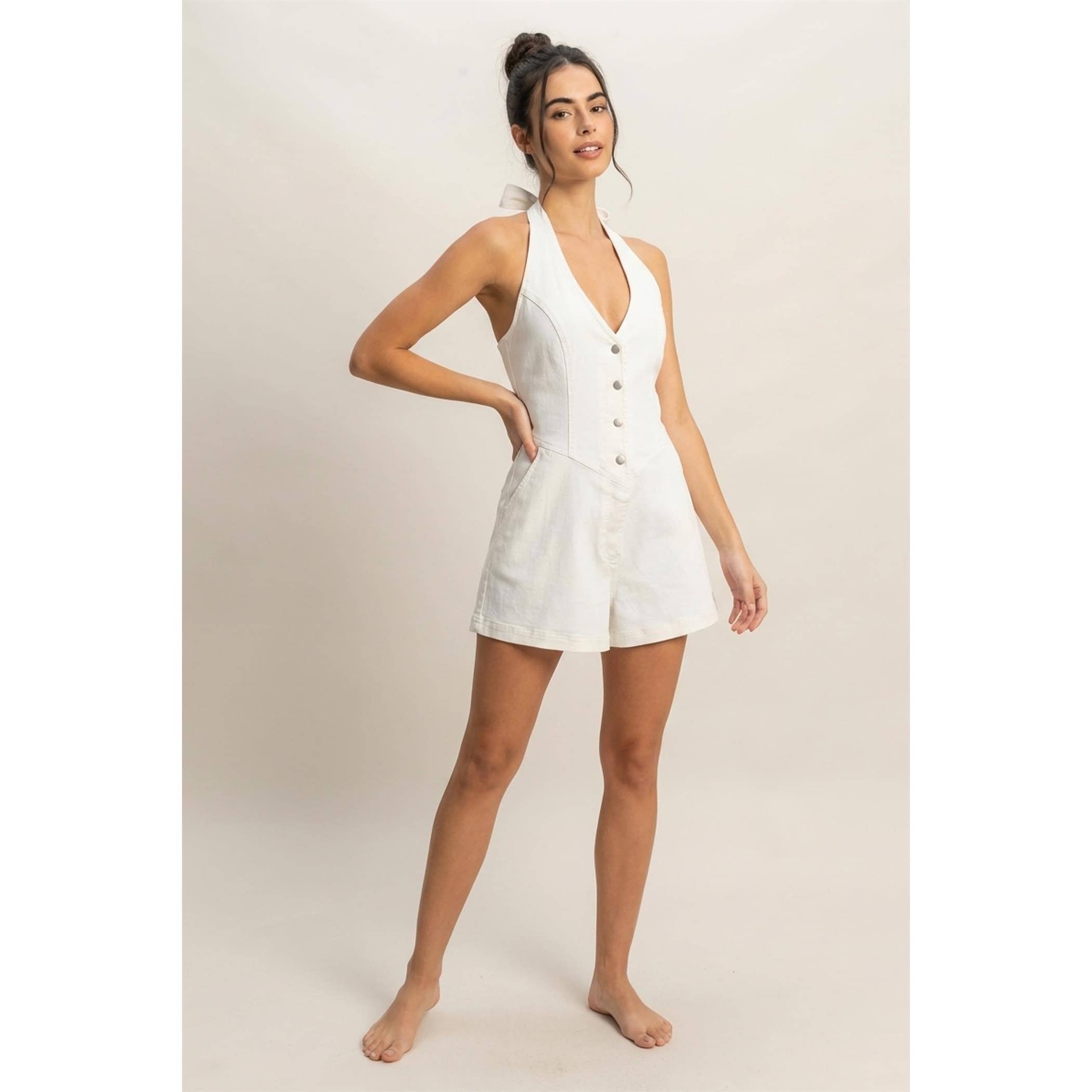 Harper Denim Romper - White