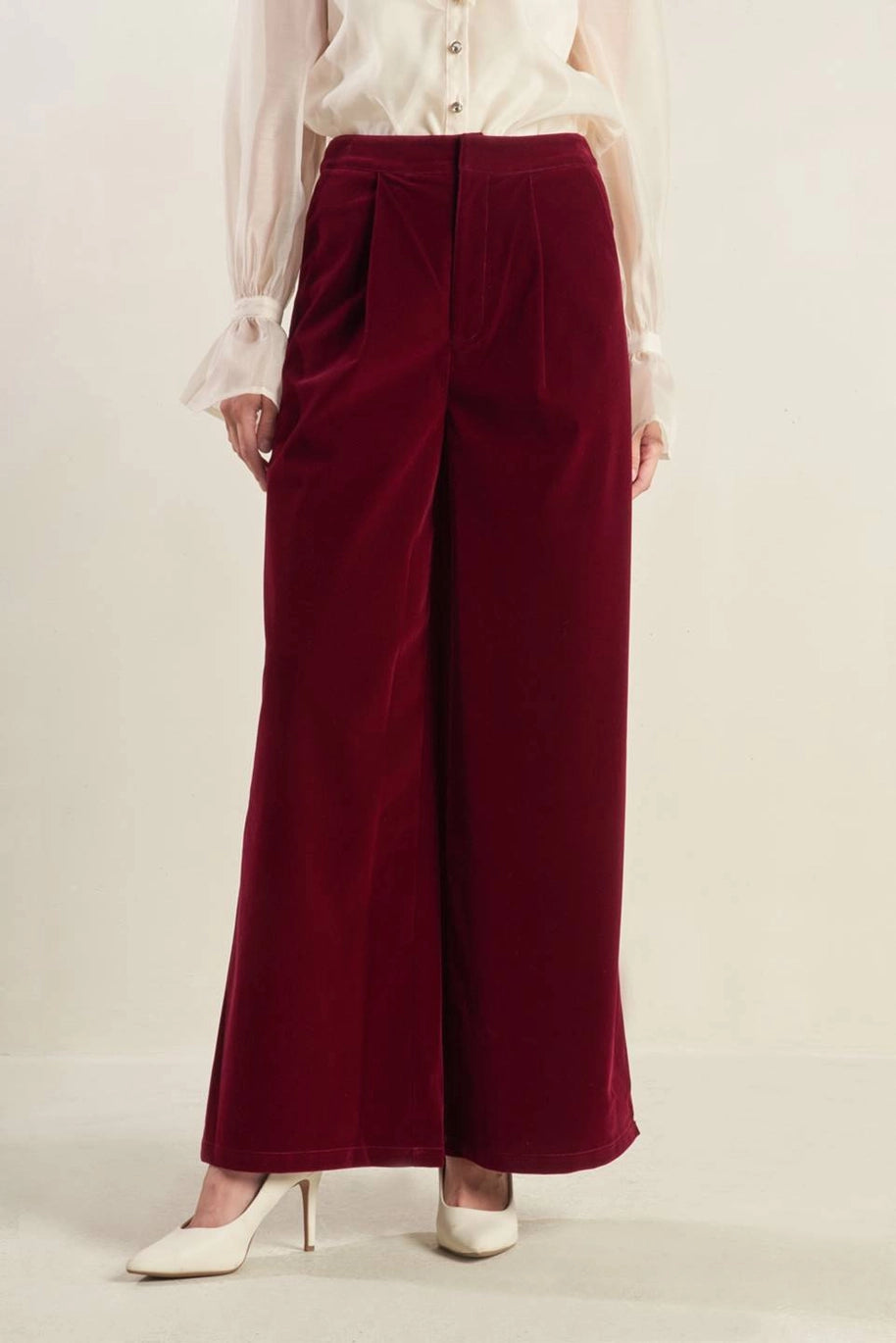 Cranberry Crisp Velvet Wide-Leg Trousers