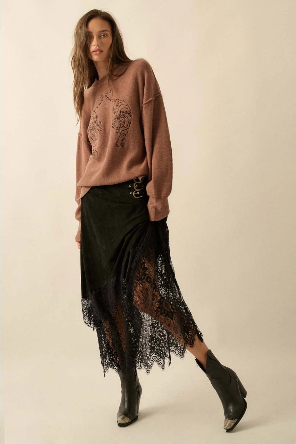 Ember Embroidered Tiger Exposed-Seam Sweater