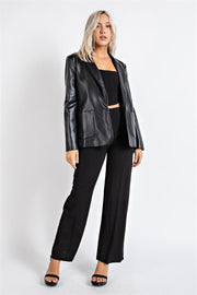 Faux Black Leather Blazer w/ Padded Shoulder