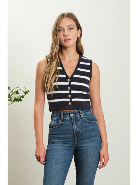 SLEEVELESS KNIT CARDIGAN: NAVY AND WHITE