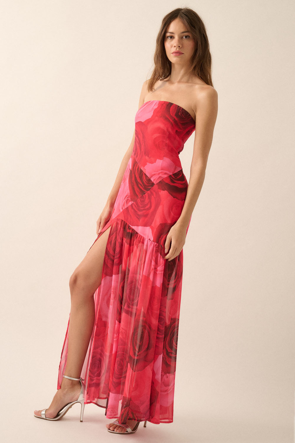 Rose Bloom Sheer Bottom Maxi Dress Large