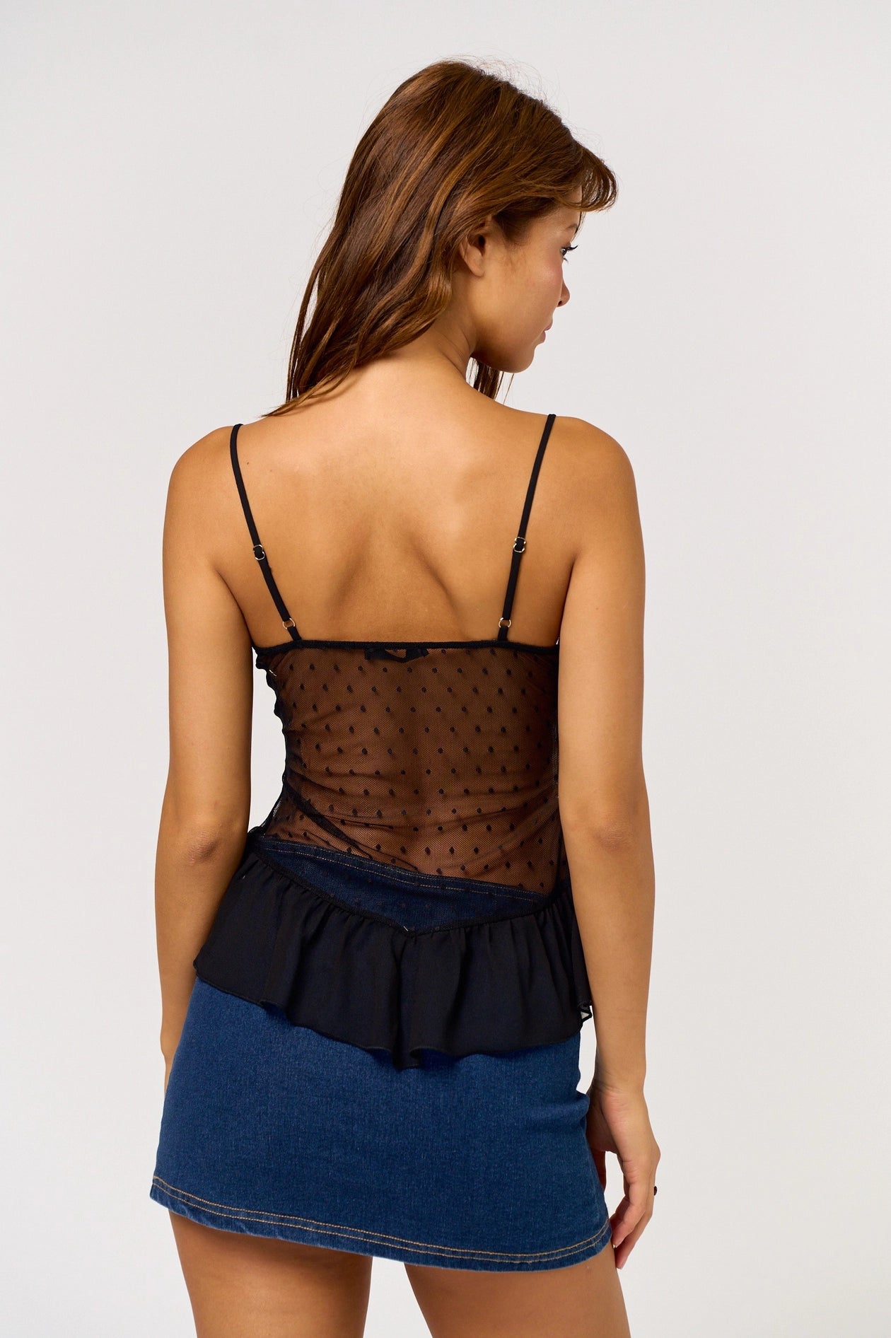 Sheer Polka Mesh Ruffle Cami Top – Black