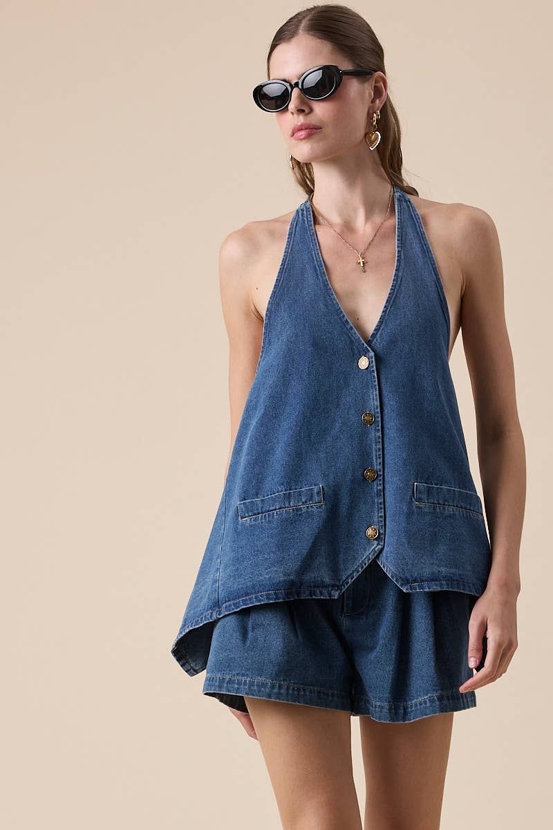 Open Back Denim Halter Top