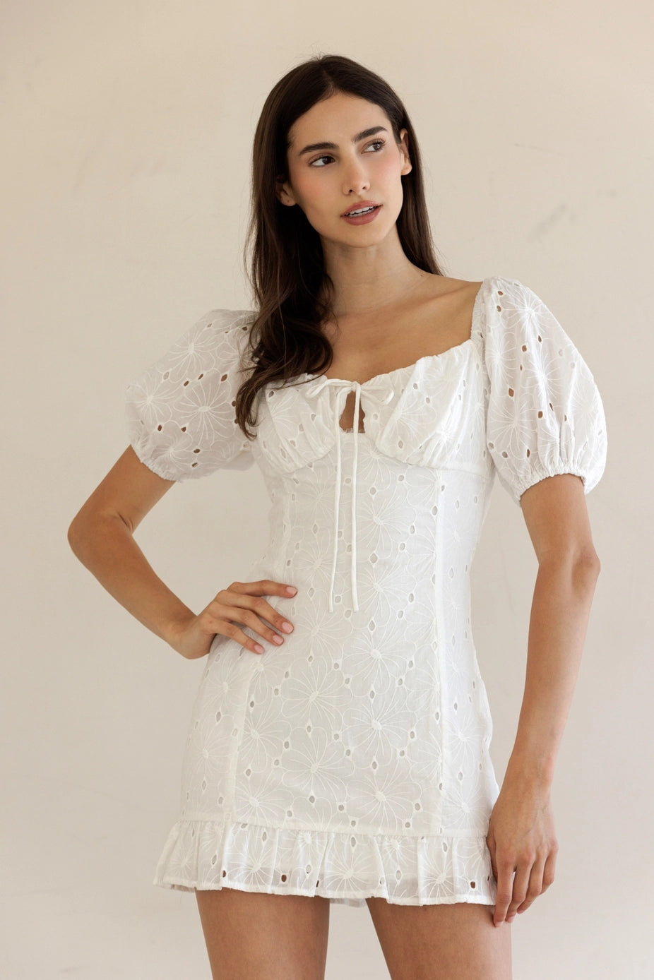 White Eyelet Tie-Back Mini Dress