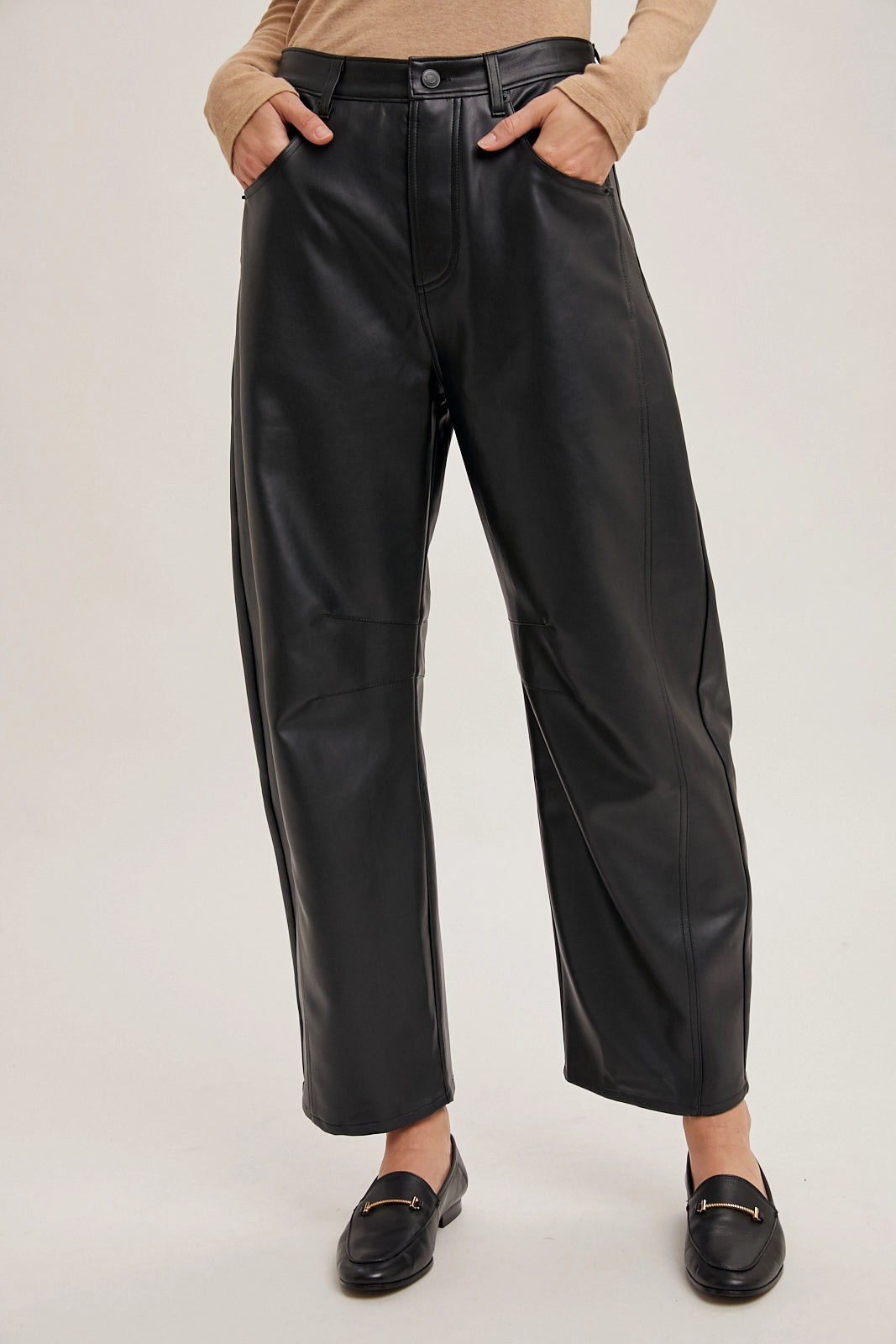 Vegan Faux Leather Barrel Pants