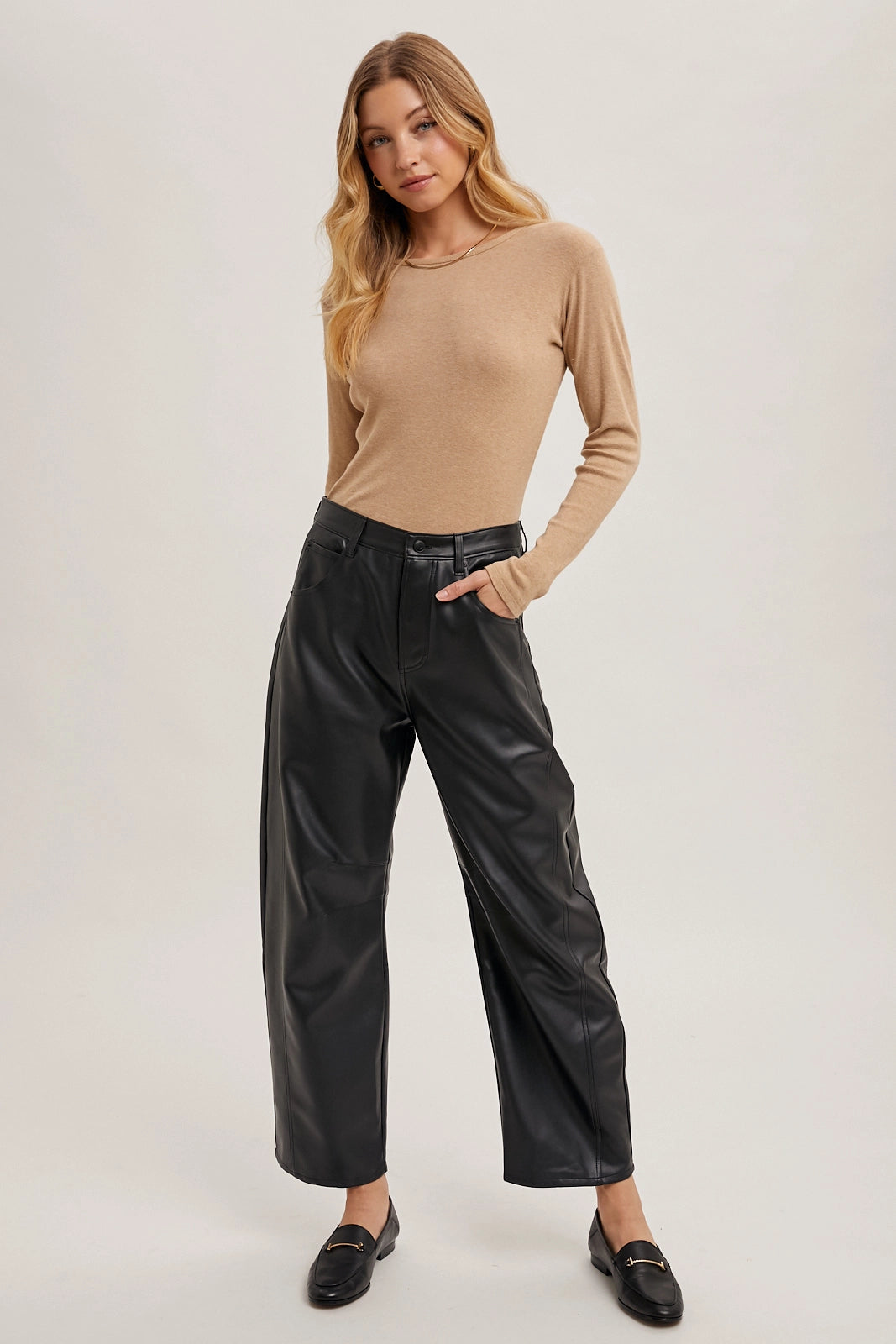 Vegan Faux Leather Barrel Pants