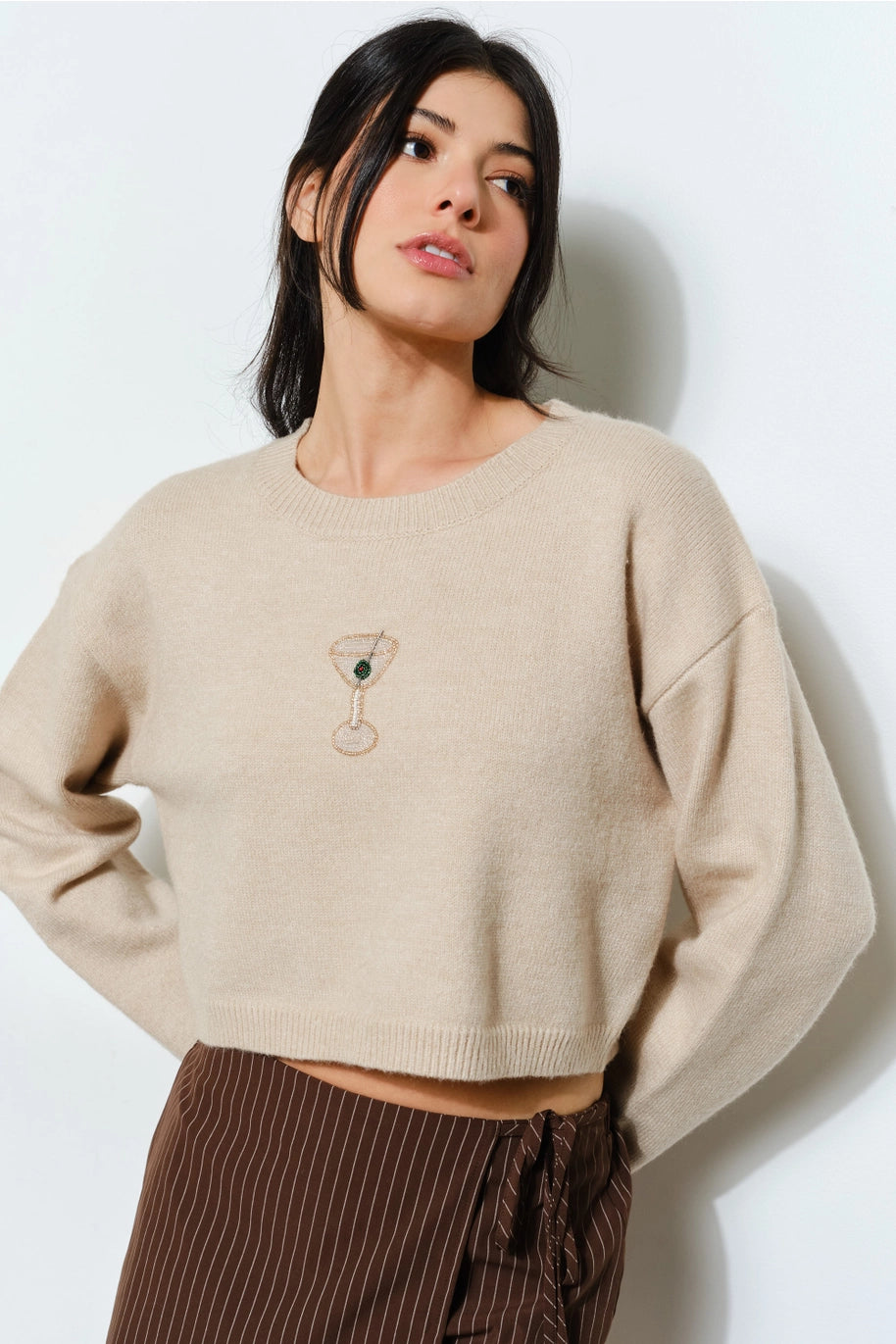 Midnight Toast Beaded Martini Sweater - Cream