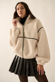 Faux Leather Trim Sherpa Jacket