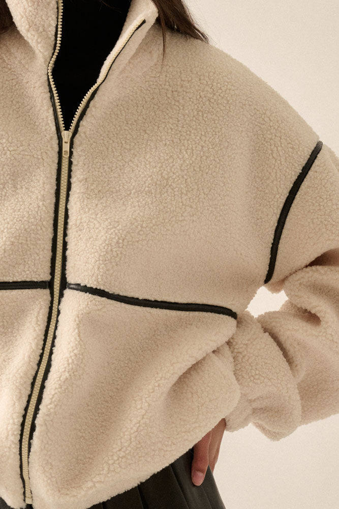 Faux Leather Trim Sherpa Jacket
