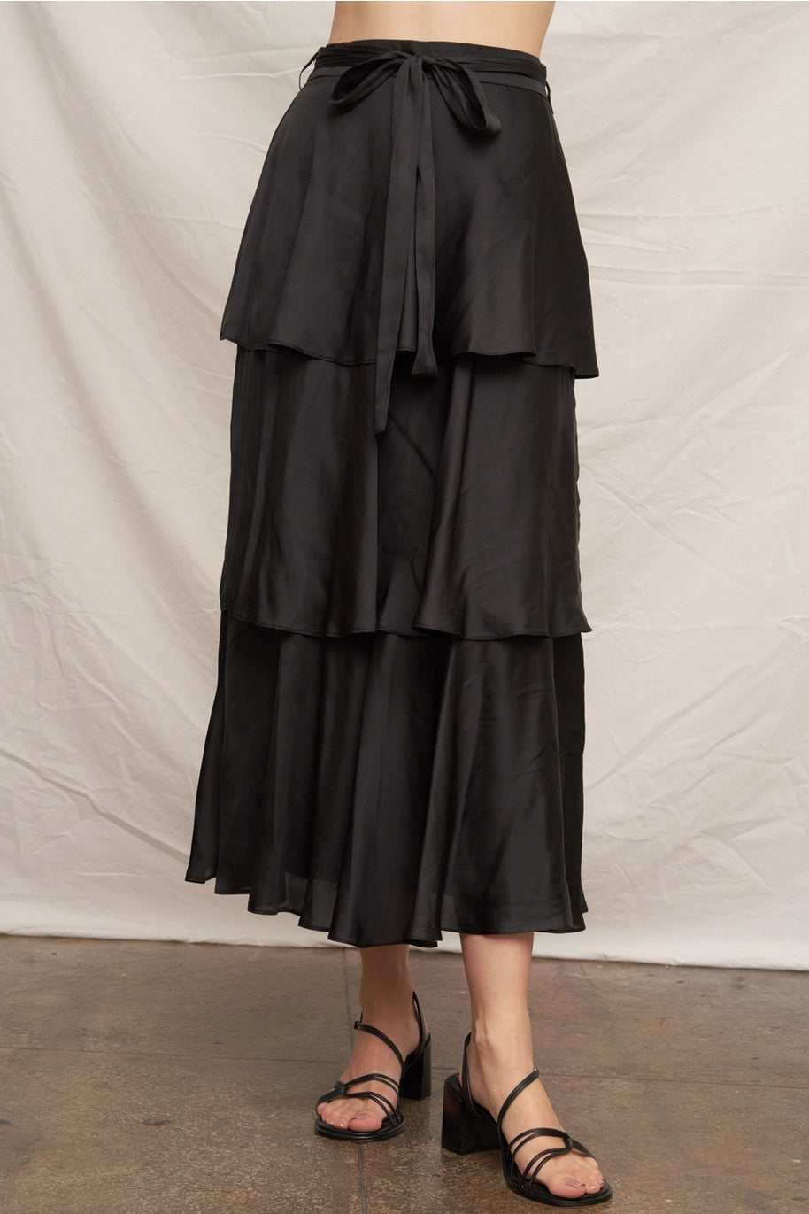 Midnight Soirée Black Satin Tiered Midi Skirt