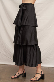 Midnight Soirée Black Satin Tiered Midi Skirt