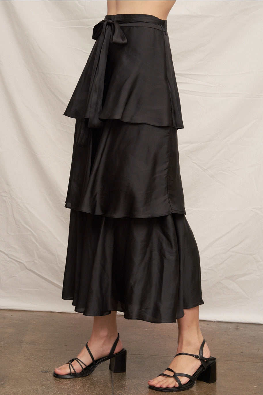 Midnight Soirée Black Satin Tiered Midi Skirt