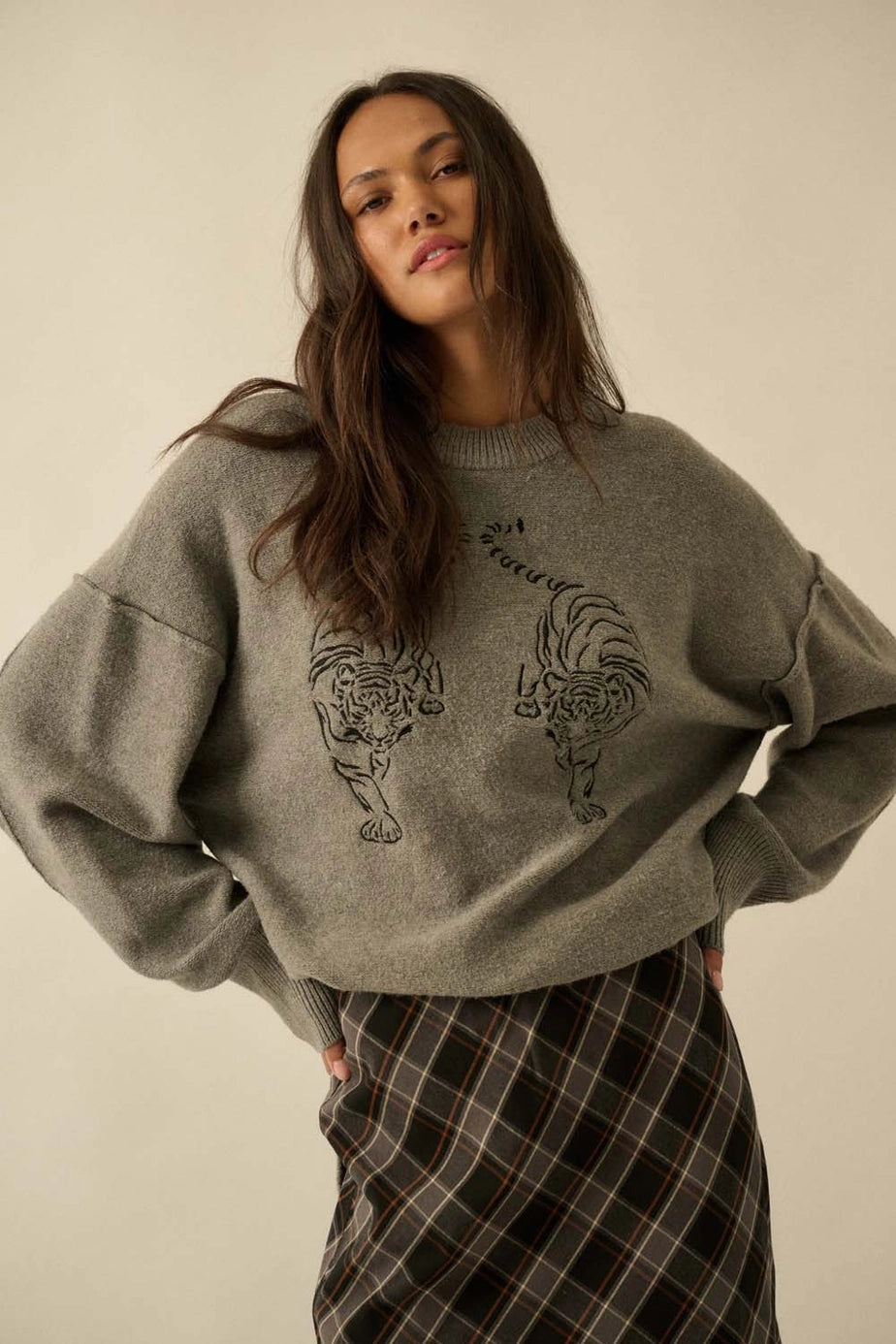 Ember Embroidered Tiger Exposed-Seam Sweater - Grey